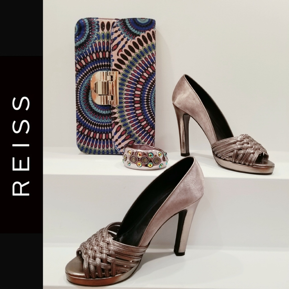 Silver Satin Open Toe REISS Heels